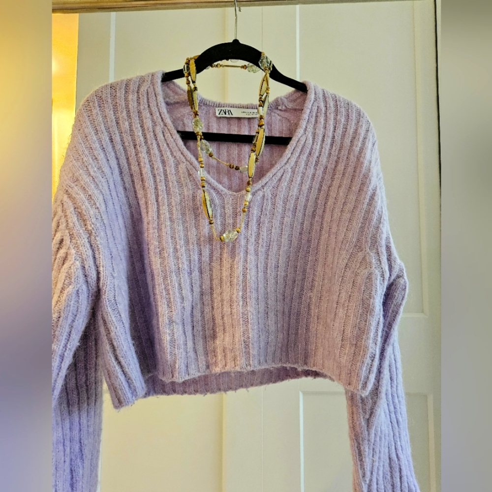 Zara Ribbed Cropped Knit V-Neck sweater,